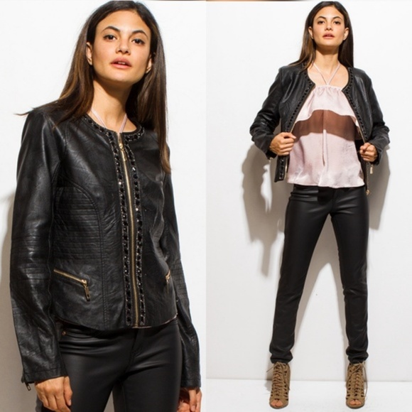 Last one❤️Embellished faux Leather Jacket - Picture 3 of 4